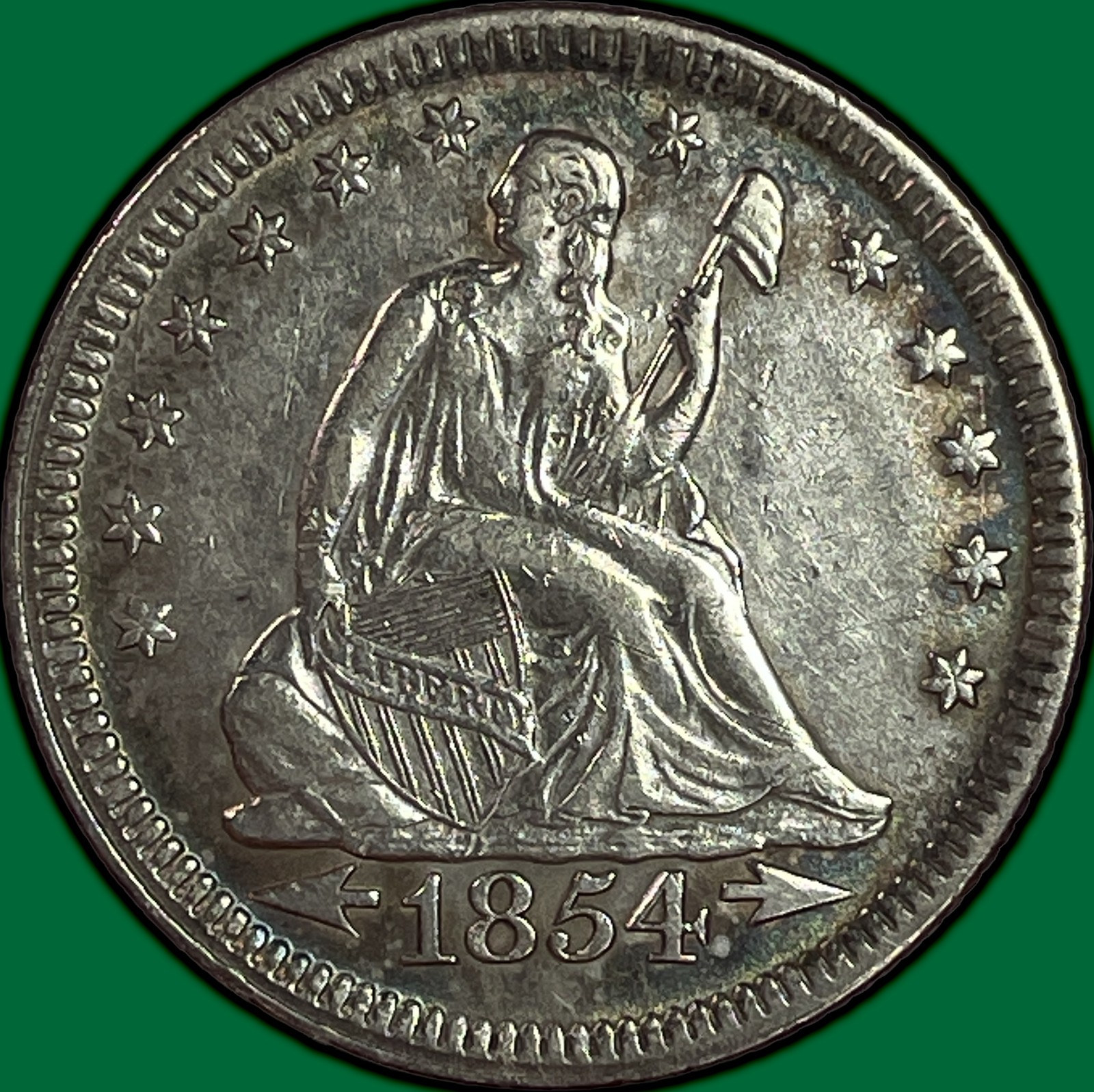 1854 Arrows Seated Liberty Quarter Almost Uncirculated AU Coin #44475
