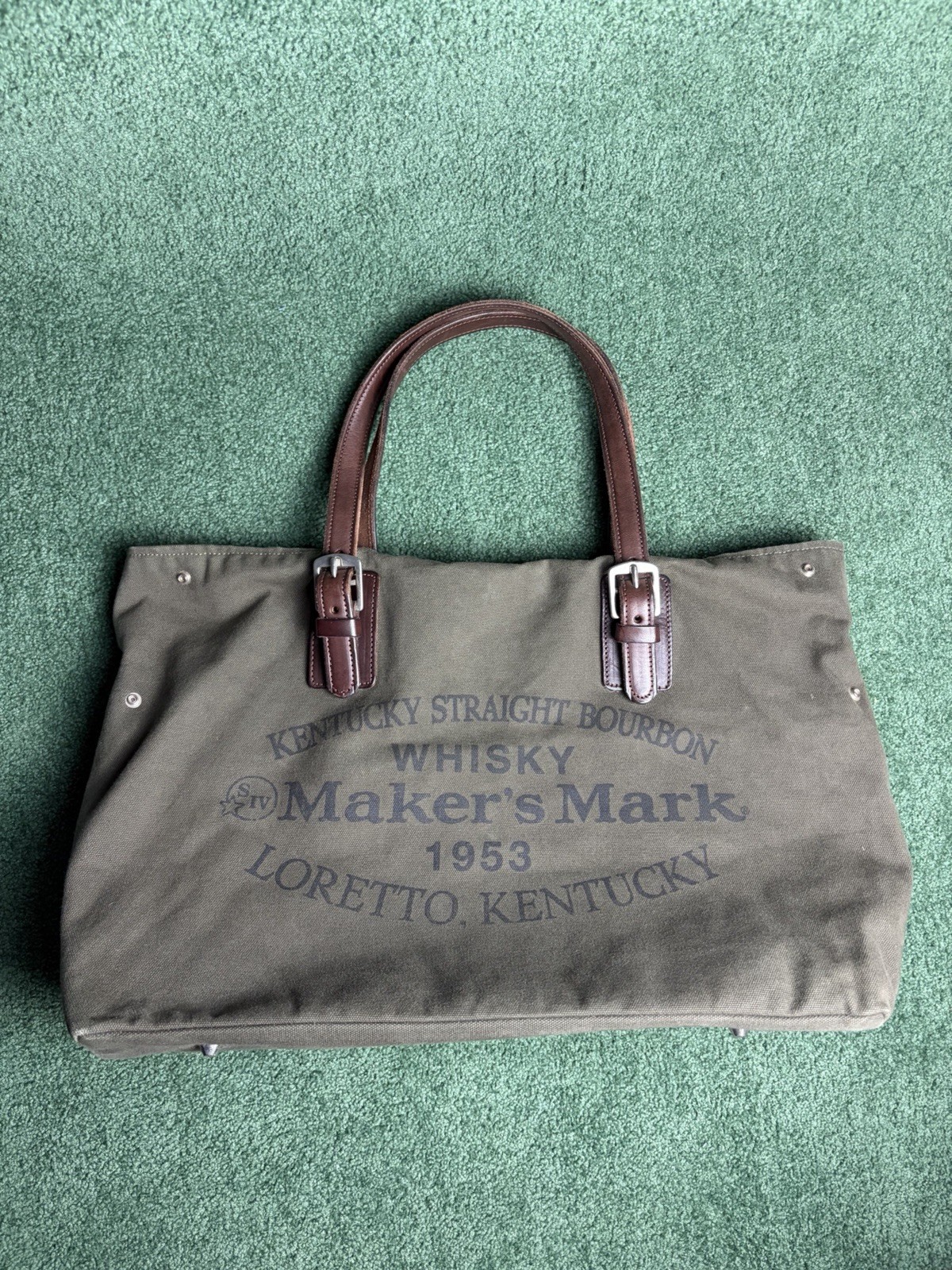 Rare Rebecca Ray Designs Maker\'s Mark Bourbon Canvas Leather Racing Tote Bag USA Rare Rebecca Ray Designs Maker\'s Mark Bourbon Canvas Leather Racing Tote Bag USA