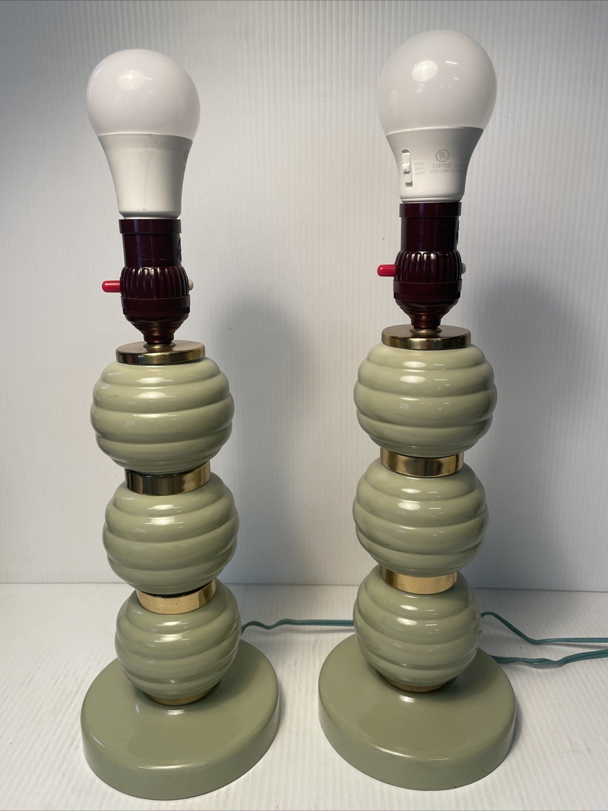 Vtg MCM Pair Royal Maruni 309 Lamps Stacked Spherical Ball Gold Rings Sage Green Vtg MCM Pair Royal Maruni 309 Lamps Stacked Spherical Ball Gold Rings Sage Green