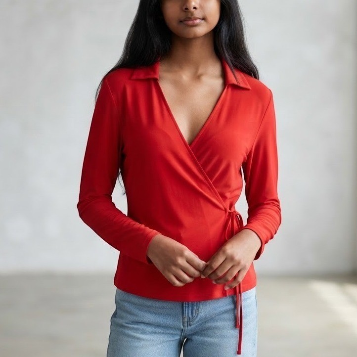 Liz Claiborne Wrap Top Red Large Excellent Long Sleeve Collared V-Neck Stretch Liz Claiborne Wrap Top Red Large Excellent Long Sleeve Collared V-Neck Stretch