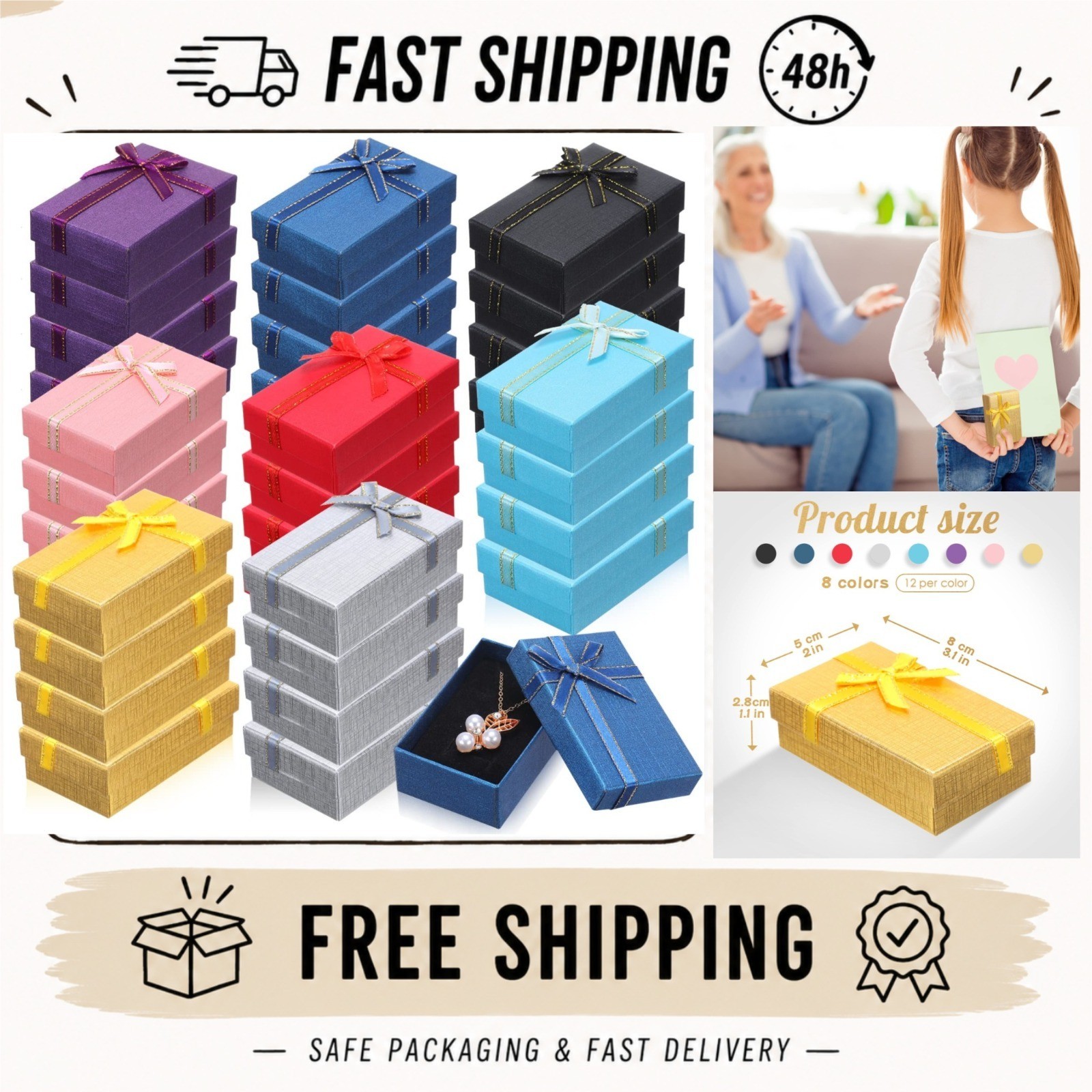 72 Pack Jewelry Gift Boxes Bulk Ribbon Velvet Insert 8 Colors