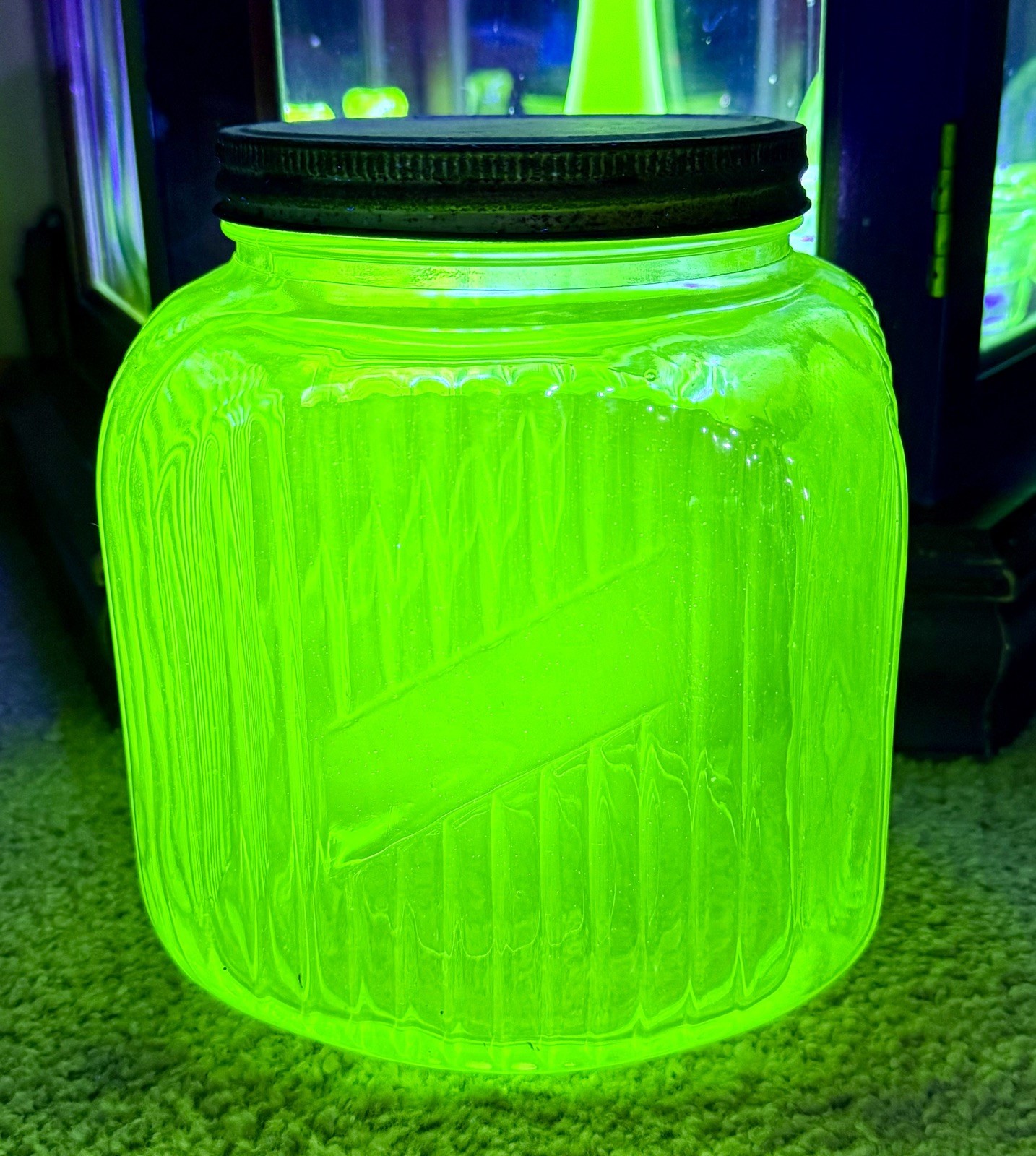 Vintage 1930s Uranium Green Glass Cookie Jar Canister Green Ribbed UV Glows Vintage 1930s Uranium Green Glass Cookie Jar Canister Green Ribbed UV Glows