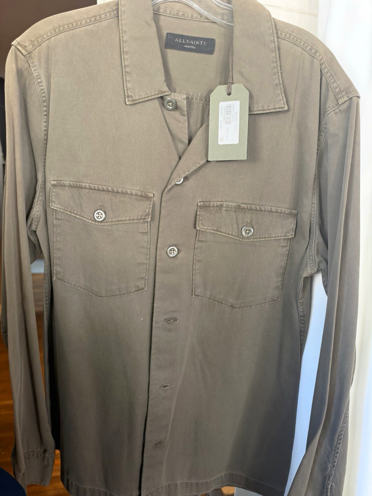 AllSaints Spotter Men\'s Green Solid Twill Long Sleeve Button-Up Shirt M AllSaints Spotter Men\'s Green Solid Twill Long Sleeve Button-Up Shirt M
