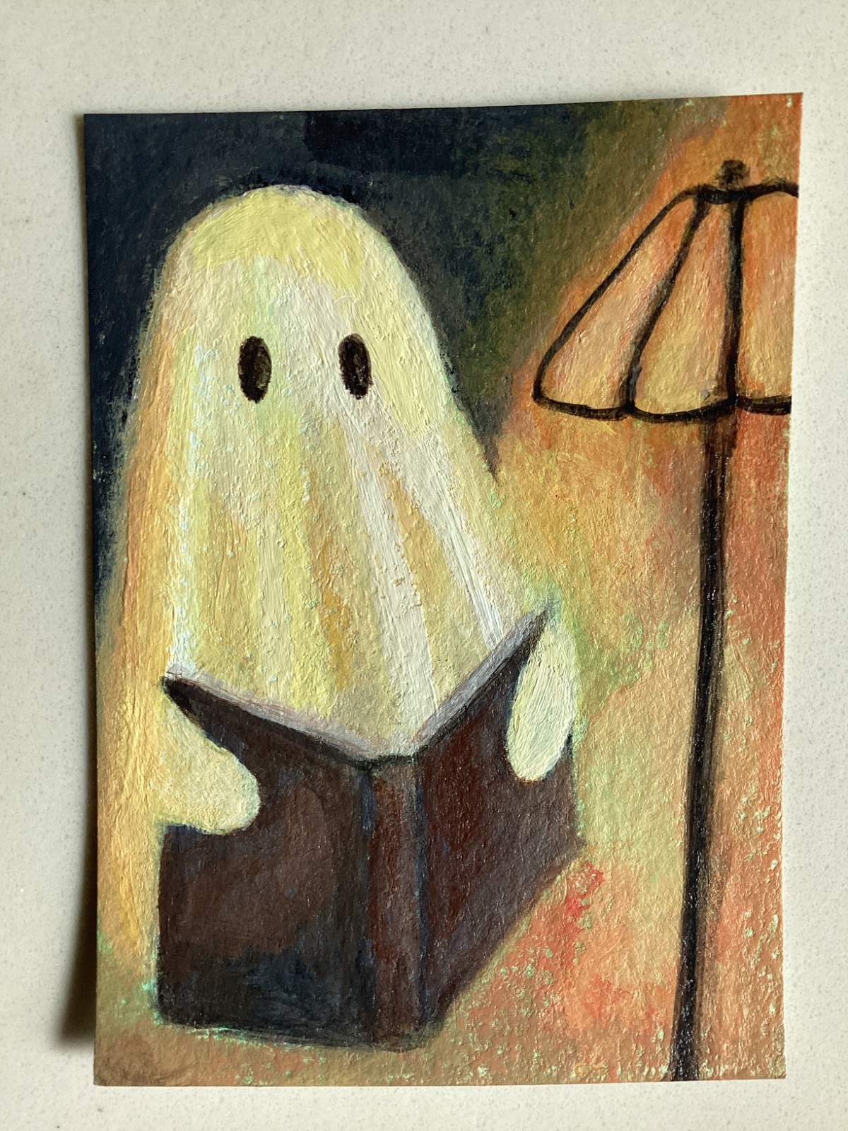 ACEO Original Hand Painted Acrylic Fine Art Miniature | ghost book cozy fall ACEO Original Hand Painted Acrylic Fine Art Miniature | ghost book cozy fall