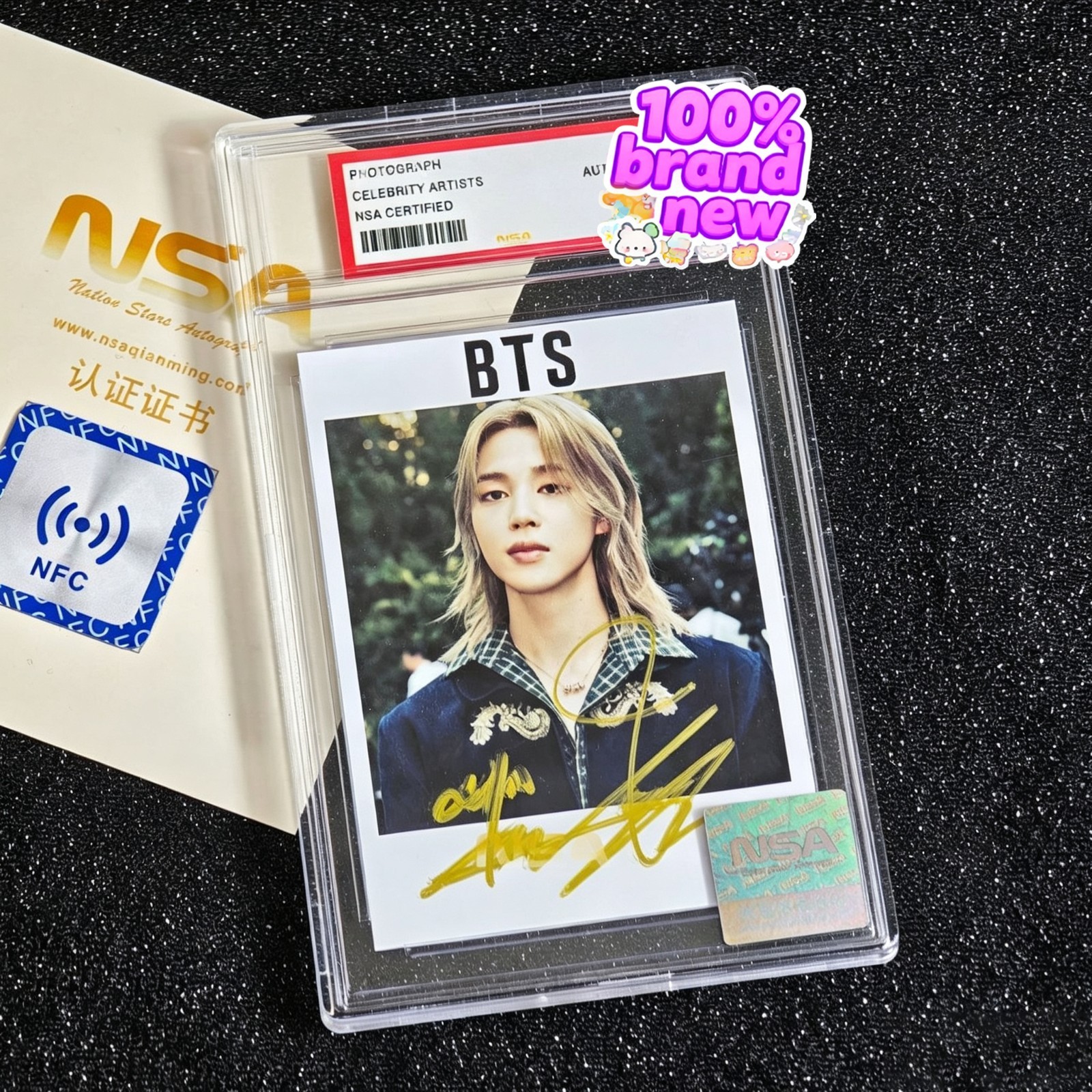 BTS Jimin hand-signed 3-inch photocard with NSA certificate BTS Jimin hand-signed 3-inch photocard with NSA certificate