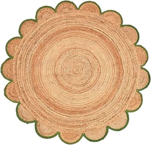 Rug Round Jute Scallop Design Natural Floors Rug Beige With Green Handmade
