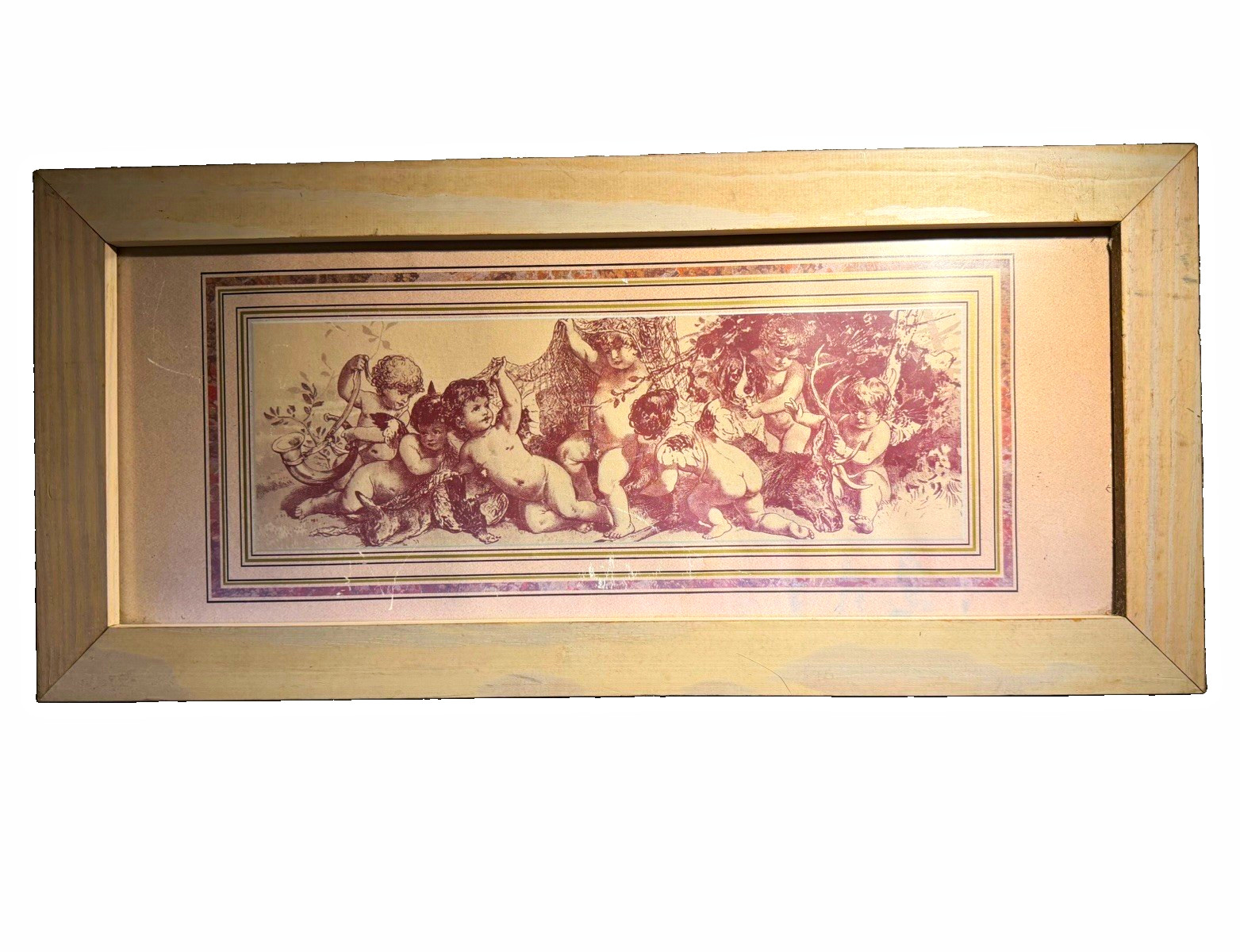 Vintage Framed Cherub & Angel Landscape Print on Paper, Wood Frame