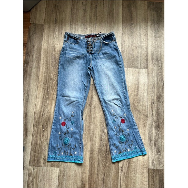 Mudd Flare Jeans Women 11 Blue Excellent Vintage Y2K Lace Up Embroidered Boho