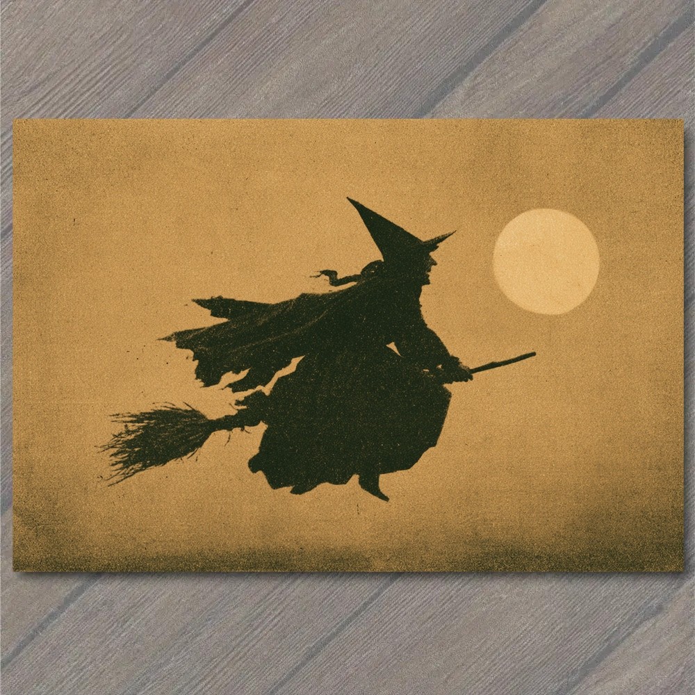 POSTCARD Witch Flying Broomstick Full Moon Silhouette Halloween Spooky Gothic POSTCARD Witch Flying Broomstick Full Moon Silhouette Halloween Spooky Gothic