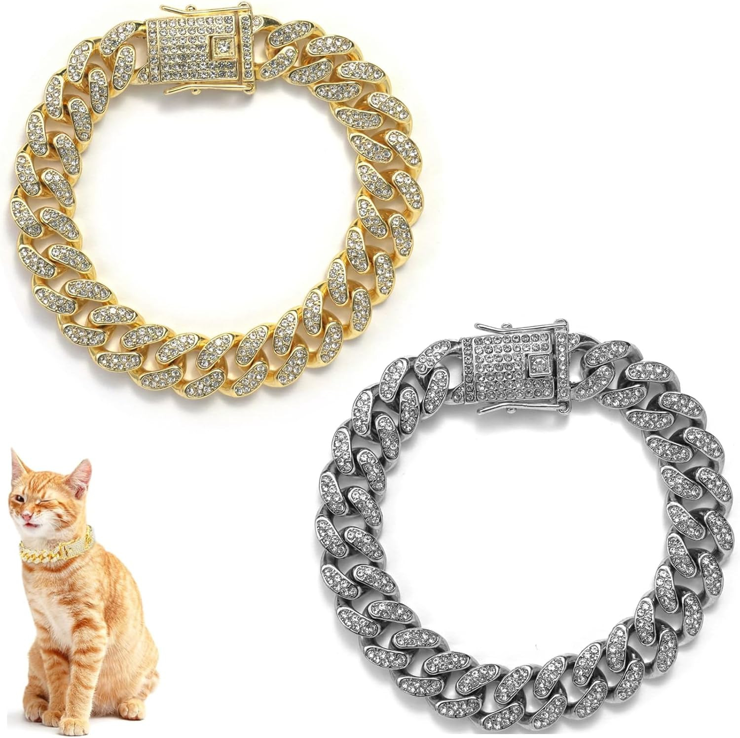 Cat Chain Collar, 2 Pcs Diamond Cuban Link Kitten Walking Collar with Secure Cat Chain Collar, 2 Pcs Diamond Cuban Link Kitten Walking Collar with Secure