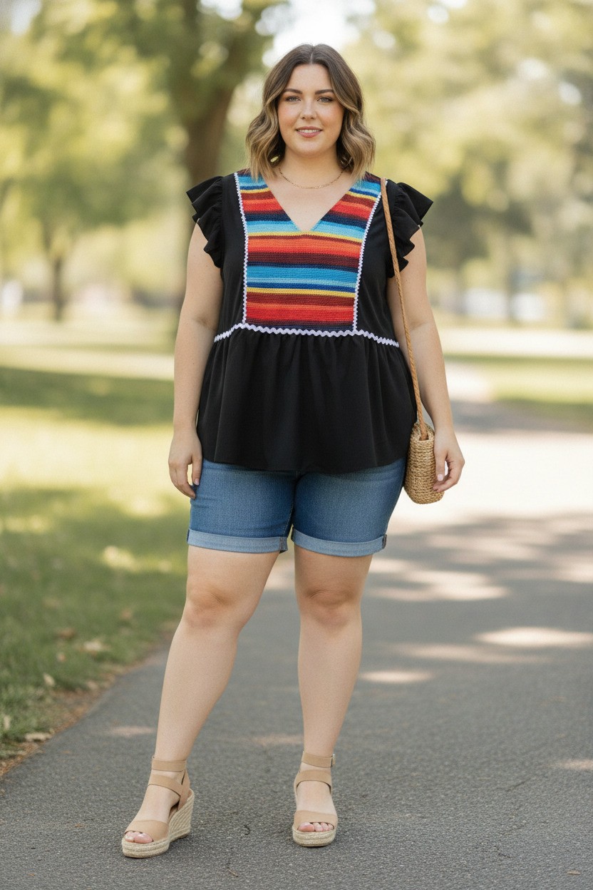 Bloomchic Plus Size Black Top with Colorful Crochet Detail