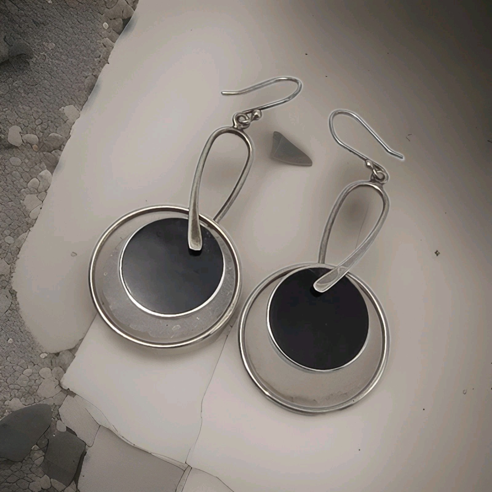 VTG Taxco Mexico ATI 925 Sterling Silver Modernist Blk Onyx Disc Dangle Earrings