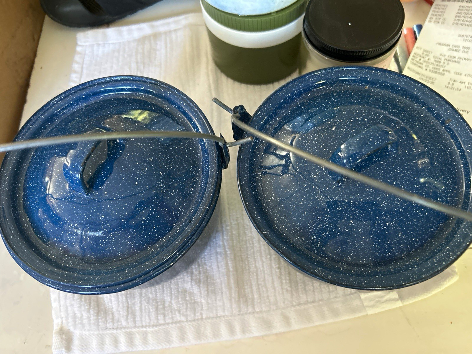 Blue Speckled Enamel Camping Pots Set of 2 w/ Lids, Metal Bail Handles Blue Speckled Enamel Camping Pots Set of 2 w/ Lids, Metal Bail Handles