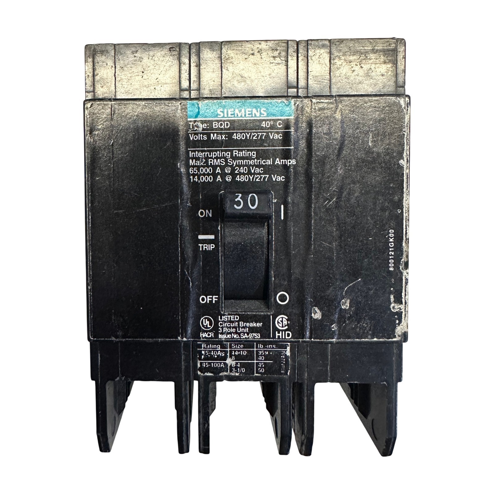 Siemens BQD330 30A 3-Pole 480V Circuit Breaker BQD Type 65kA