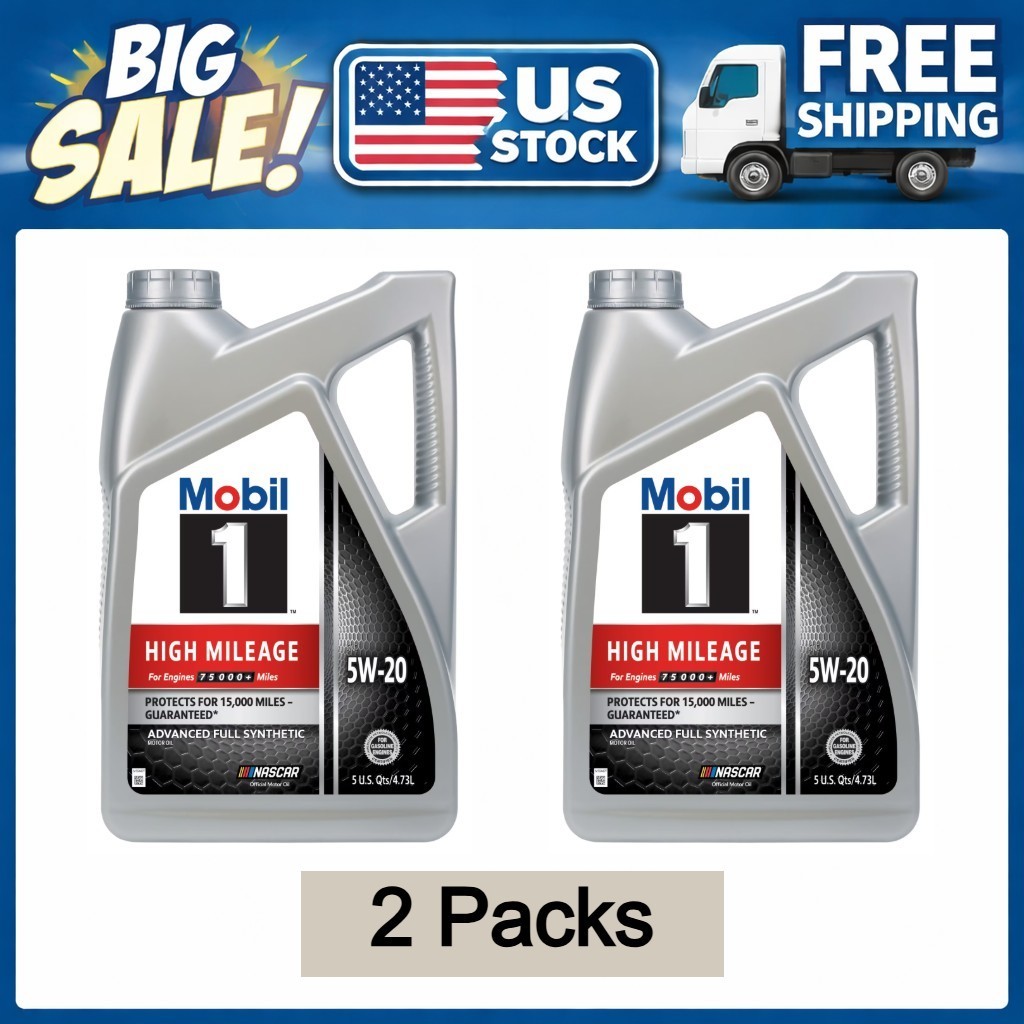 2 Packs Mobil 1 High Mileage Full Synthetic Motor Oil 5W-20, 5 Quart