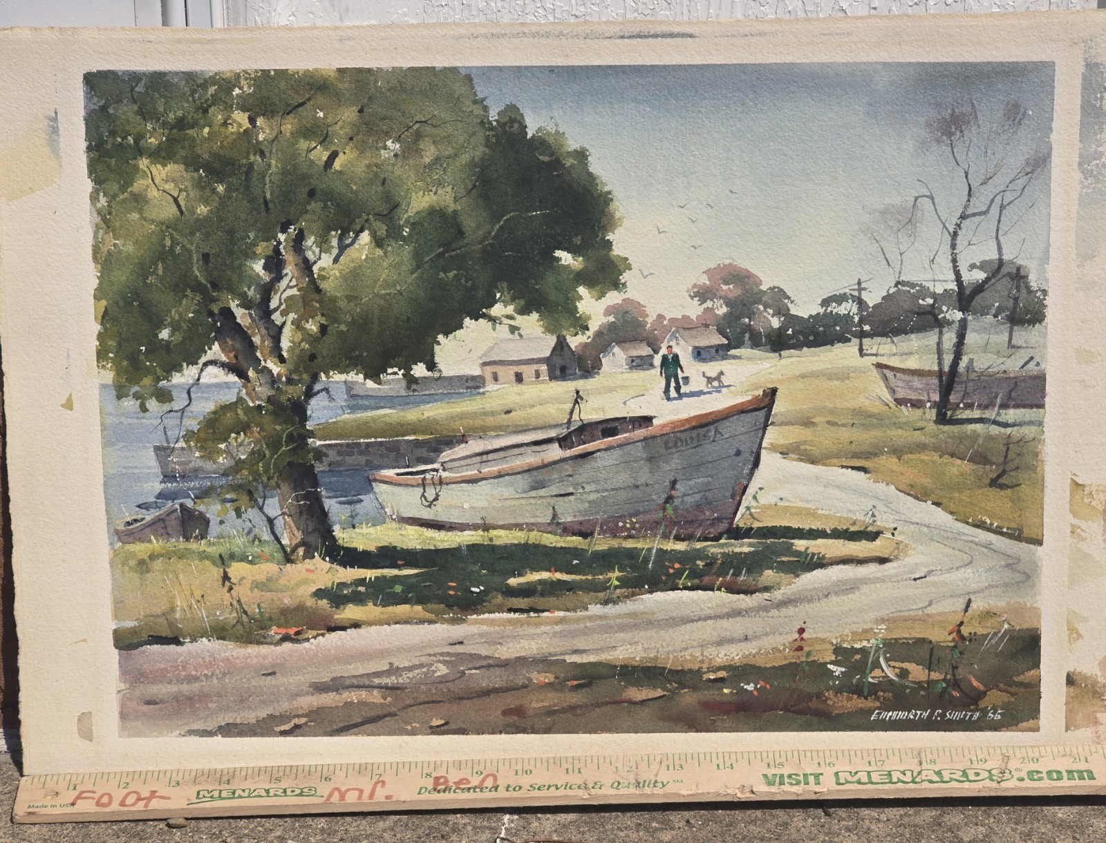 Vtg Ellsworth P Smith Watercolor Cape Ann School Lanes Cove Boat Louisa Signed