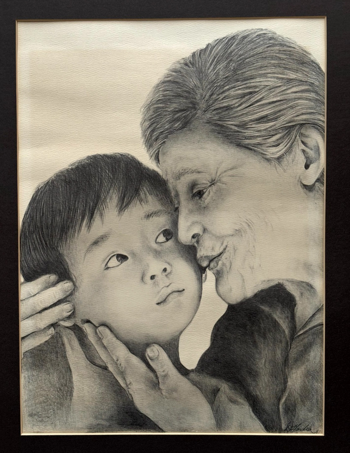 GRANMOTHER CHILD GRANDSON VINTAGE PENCIL DRAWING OFFSET LITHOGRAPH HIGH REALISM