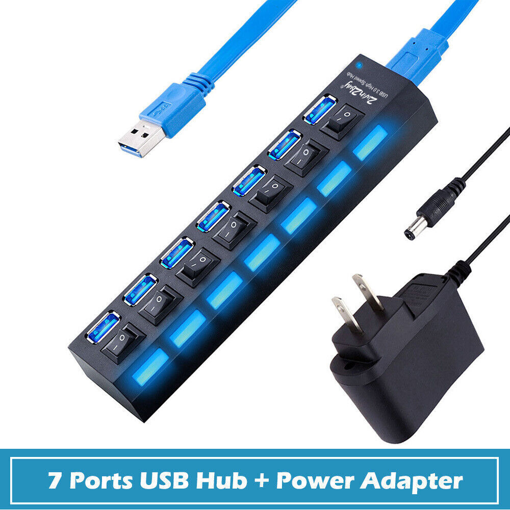 USB 3.0 Hub 7 Port On/Off Switch High Speed Splitter AC Adapter Cable PC Laptop USB 3.0 Hub 7 Port On/Off Switch High Speed Splitter AC Adapter Cable PC Laptop