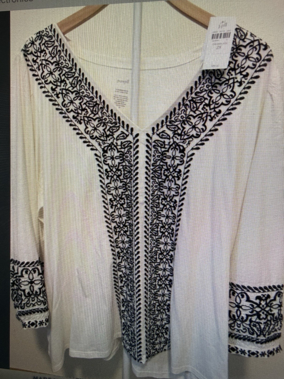 NWT J Jill Embroidered Mixed Media Knit V-Neck 3/4 Sleeve Top Cream/Black 2X