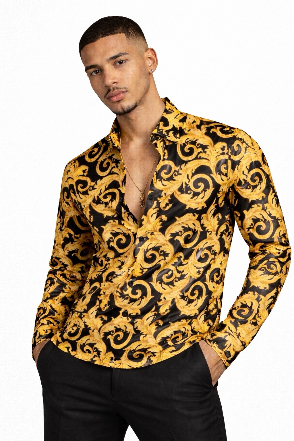 Versace Informal Shirt Twill Poly Baroque Black And Gold44IT(XS US)$1750 Retail