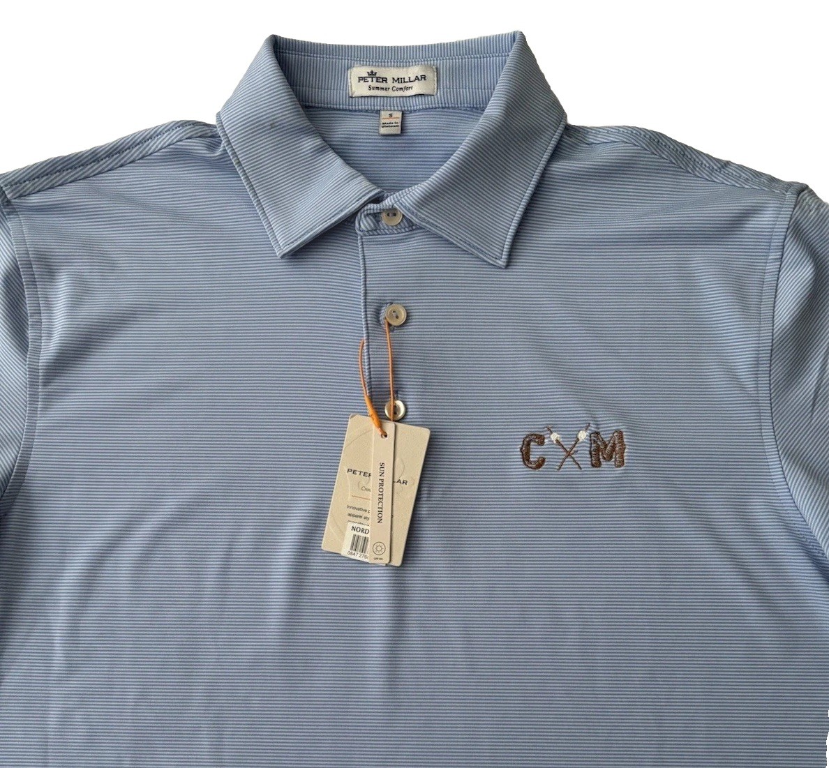 Peter Millar Men Blue Stripe Comfort Performance Polo Shirt  Custom Logo Sz S
