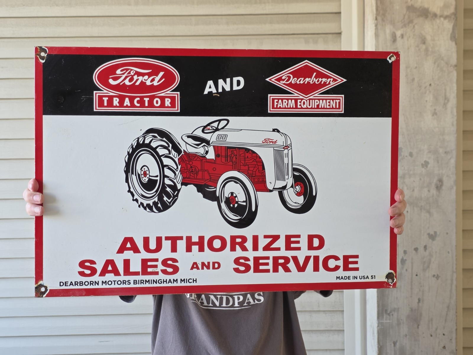 VINTAGE LARGE FORD TRACTOR AND DEARBORN FARM EQUIP PORCELAIN SIGN 24 VINTAGE LARGE FORD TRACTOR AND DEARBORN FARM EQUIP PORCELAIN SIGN 24