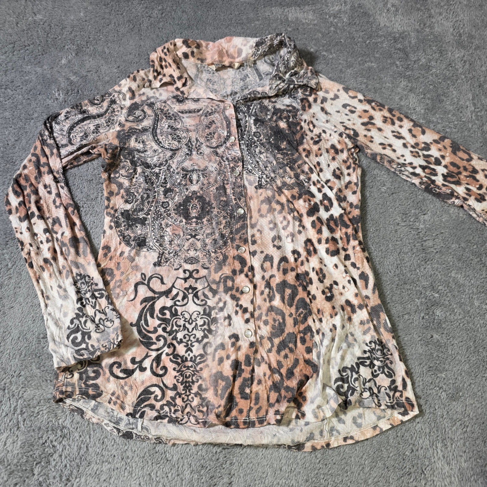 Soft Surroundings Womens S Button Down Tan Leopard Paisley Rhinestone Top