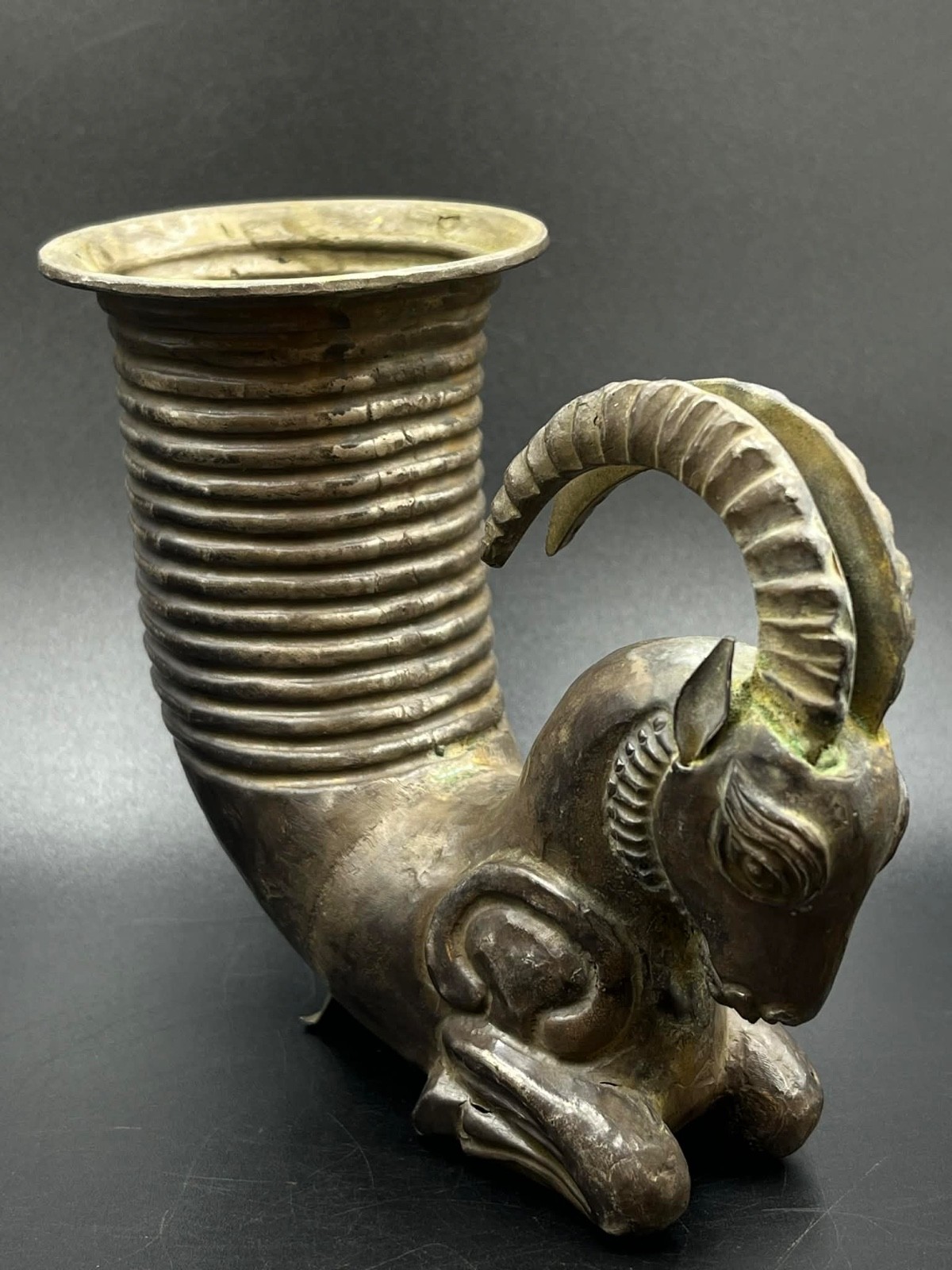 Very old Ancient Greek Silver Rare Patina Rhyton Wine Cup With Ram protome Very old Ancient Greek Silver Rare Patina Rhyton Wine Cup With Ram protome