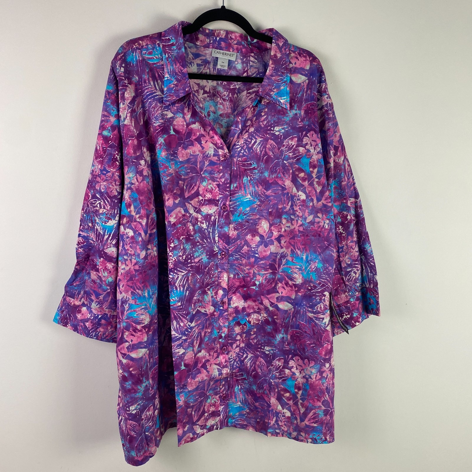 Catherines Button Up Shirt Size 5X Lightweight Cotton 3/4 Sleeves Purple Floral