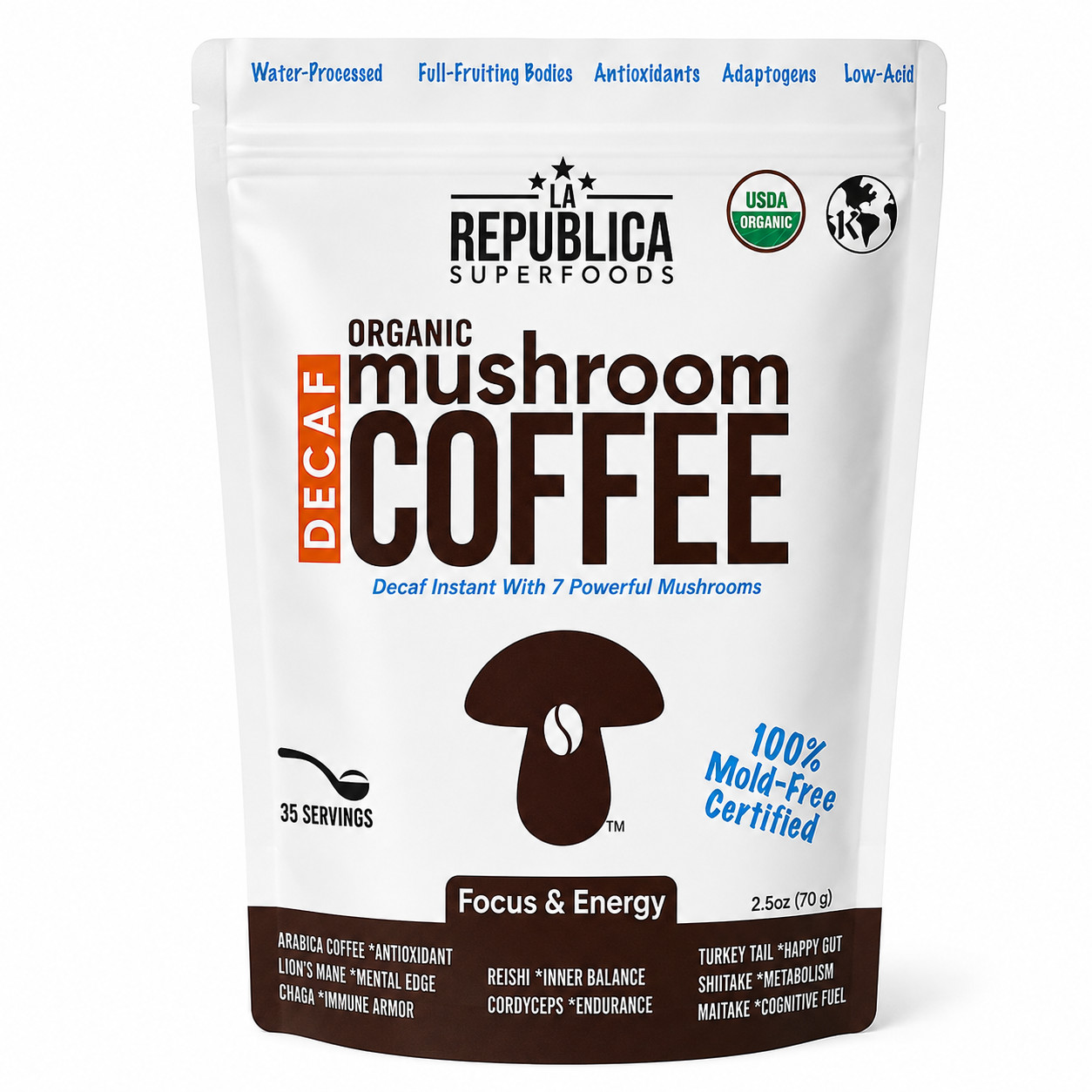 DECAF Organic Mushroom Coffee (Instant Full-Fruit) 35 Svg Kosher | La Republica DECAF Organic Mushroom Coffee (Instant Full-Fruit) 35 Svg Kosher | La Republica