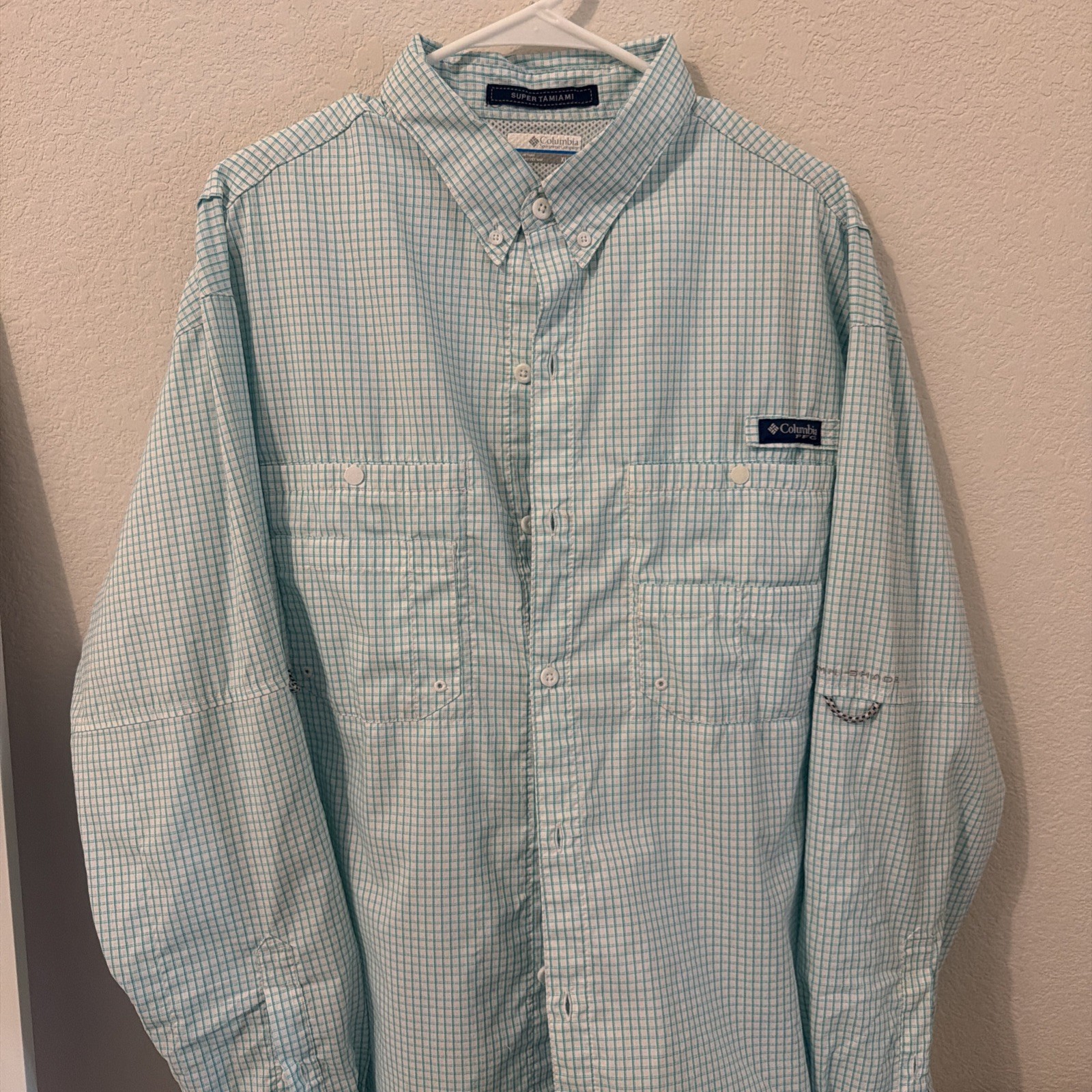 Columbia PFG Shirt Mens Extra Large Teal Plaid Super Tamiami Fishing Vented