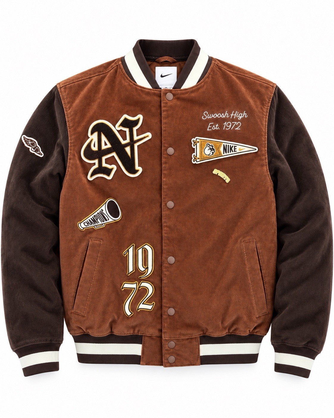 Nike Swoosh High 1972 Varsity Jacket Men XL Brown FQ6159-256 Y2K