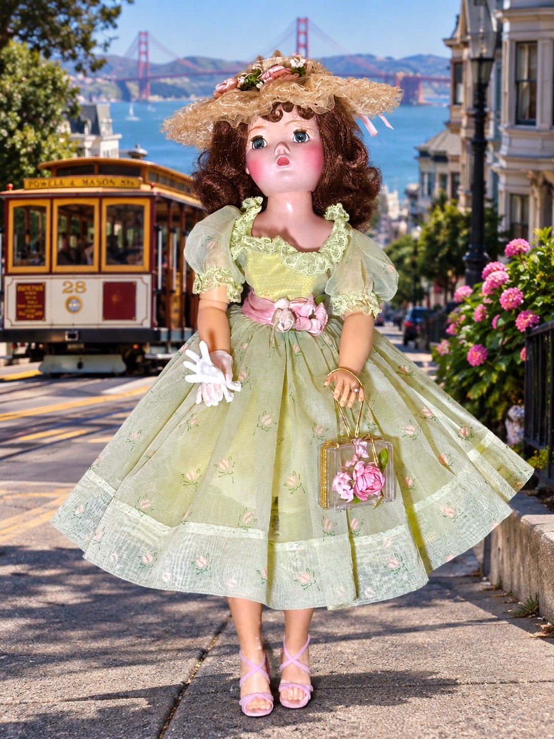  1958 Madame Alexander Minty Celery-Green and Pink Rose Ensemble w/Accessories  