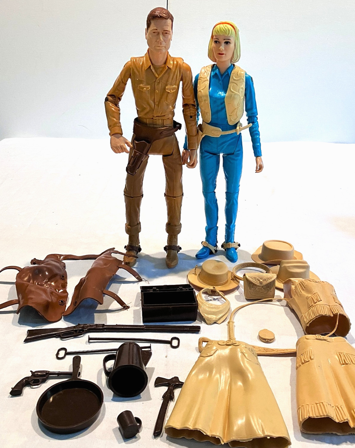Vintage 1965 Marx Johnny & Jane West Lot Western Action Figure, 28 Accessories