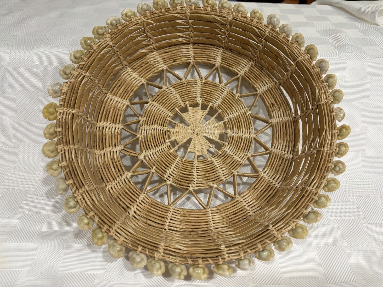 Vtg Hand Woven Grass Basket 10” Cowrie Shells Rim Pacific Islander 70s-90s