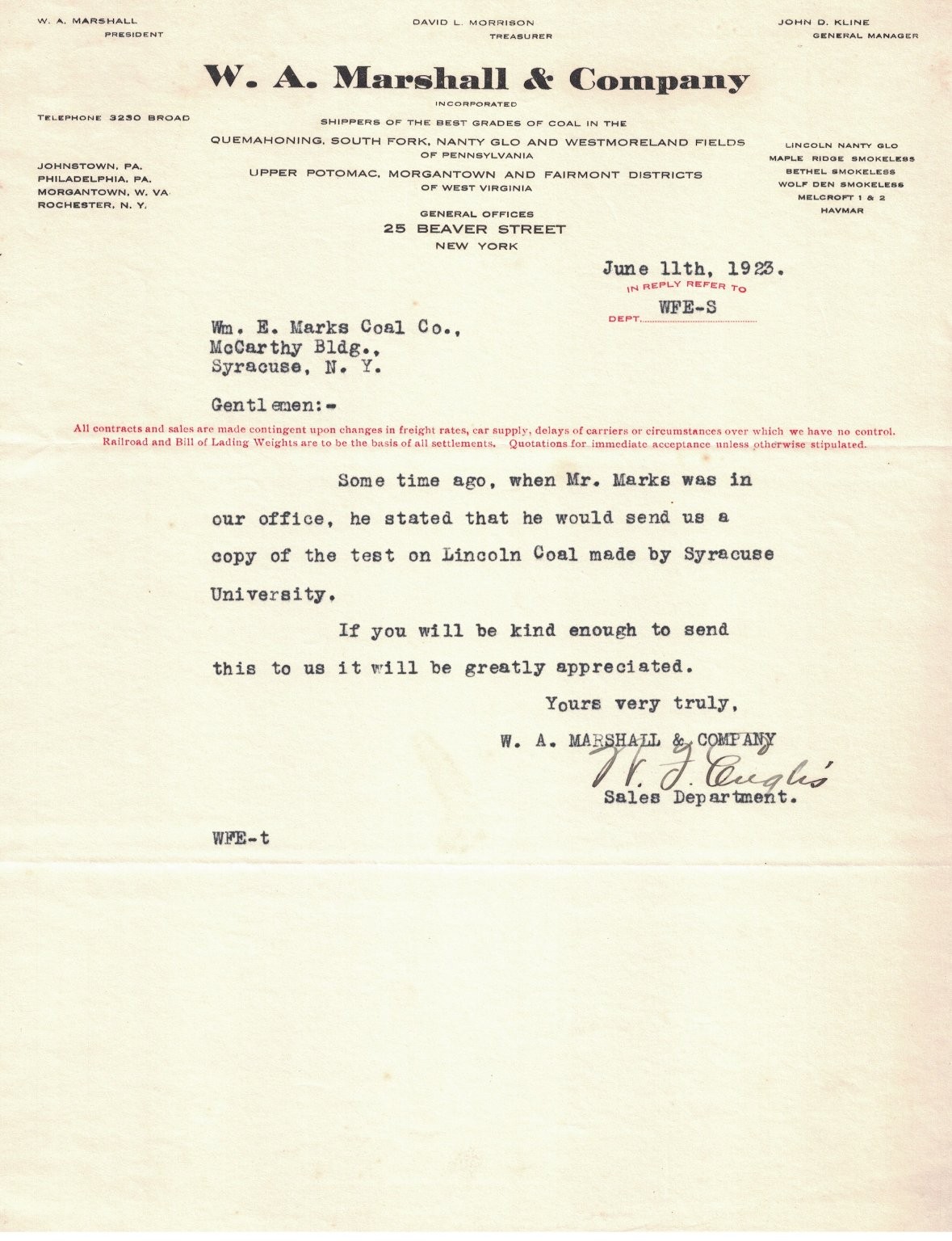 1923 W.A. Marshall & Co. Coal Industry Business Letter New York PA WV