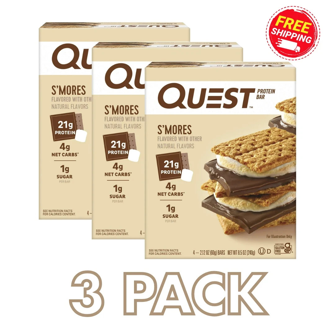 Quest Protein Bar, Smores, 20g Protein, 12 Ct 14 Grams of Fiber 4g Net Carbs USA Quest Protein Bar, Smores, 20g Protein, 12 Ct 14 Grams of Fiber 4g Net Carbs USA