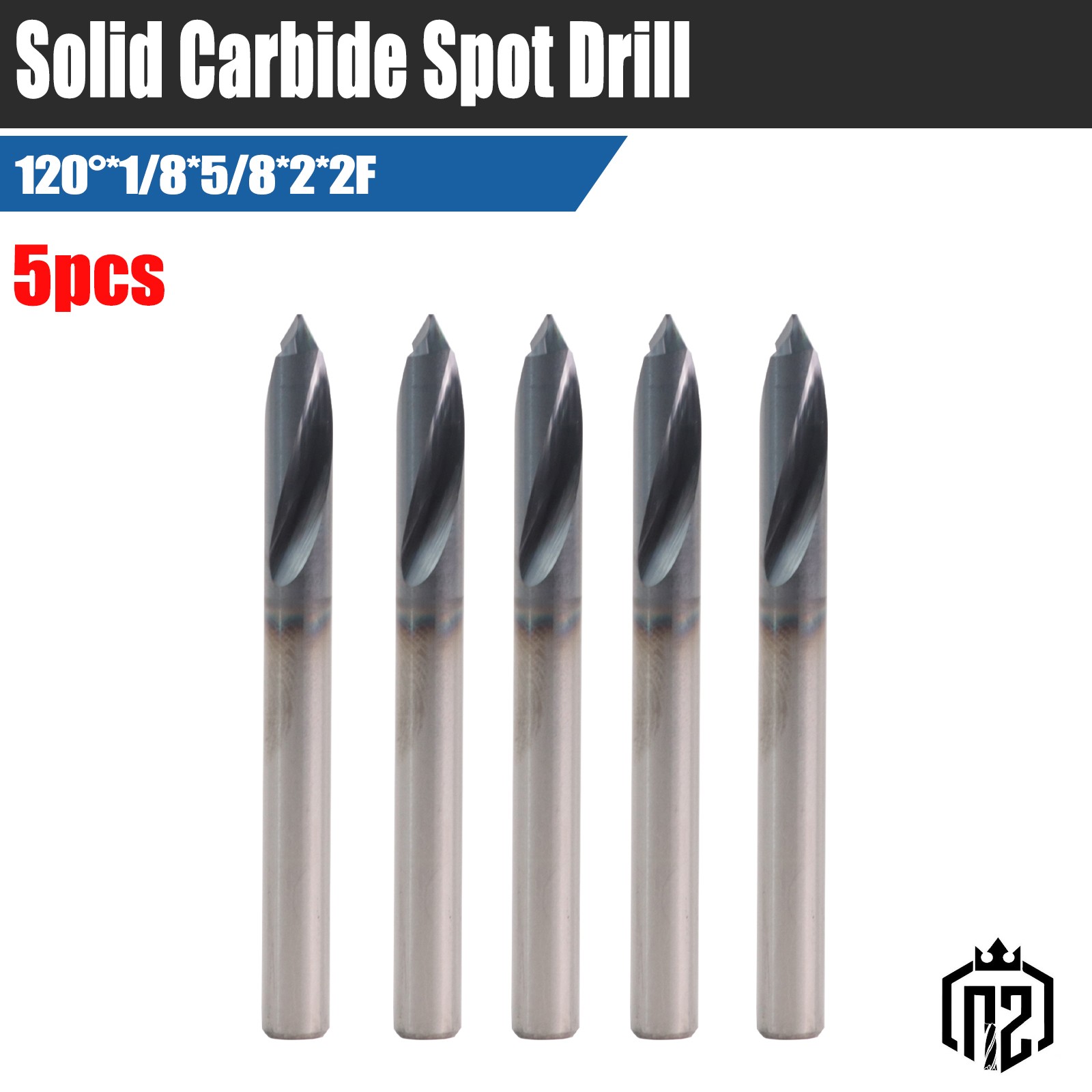 5PCS 1/8 120 Degree Solid Carbide Spot Drill 2 Flute 5/8 LOC 2 OAL AlTiN Coated
