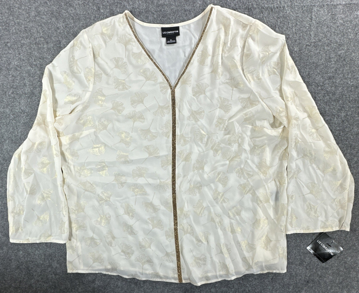 Liz Claiborne Sheer Blouse, Gold Leaf Print V-Neck Metallic Trim, Size XL