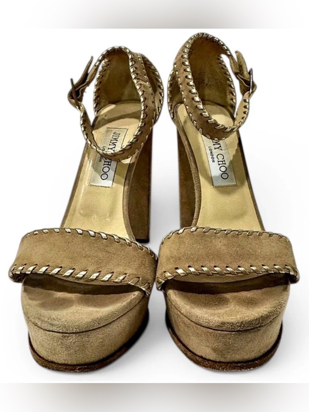 Jimmy Choo Tan Suede Whipstitch Platform Sandals EU 38.5
