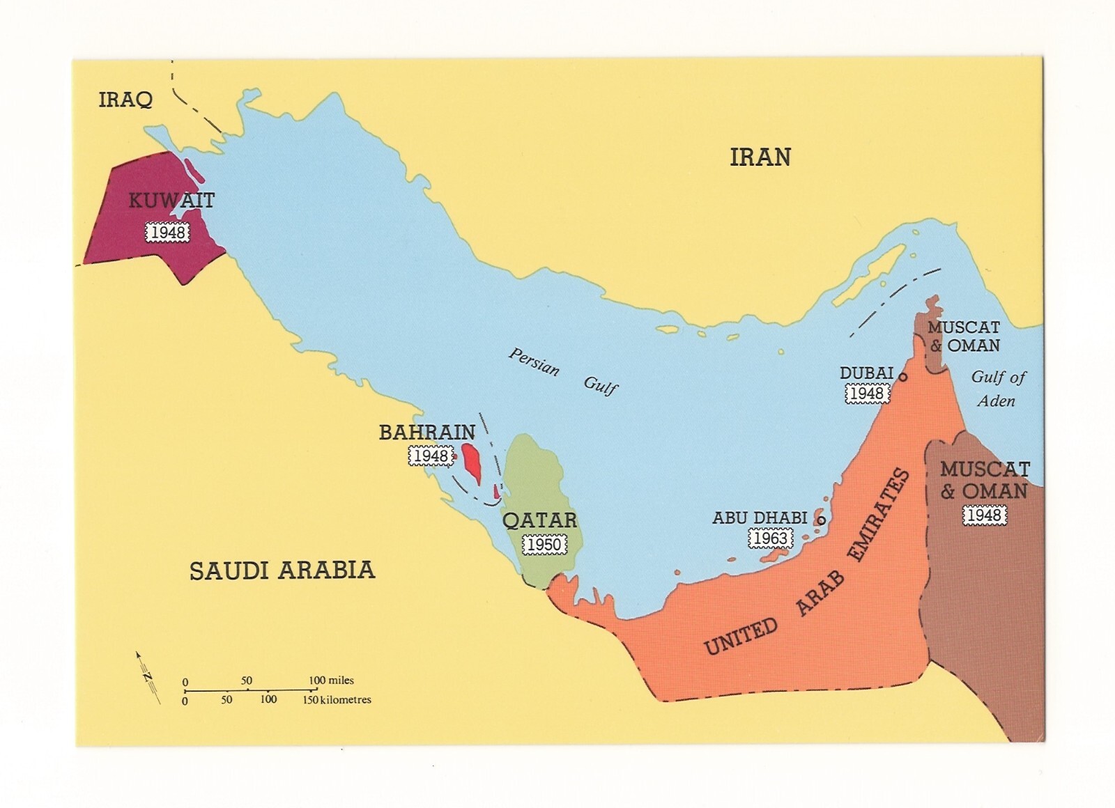 Rare Antique Postcard 1965 Map OPEC UAE Dubai Qatar Oman Kuwait Bahrain KSA Iraq