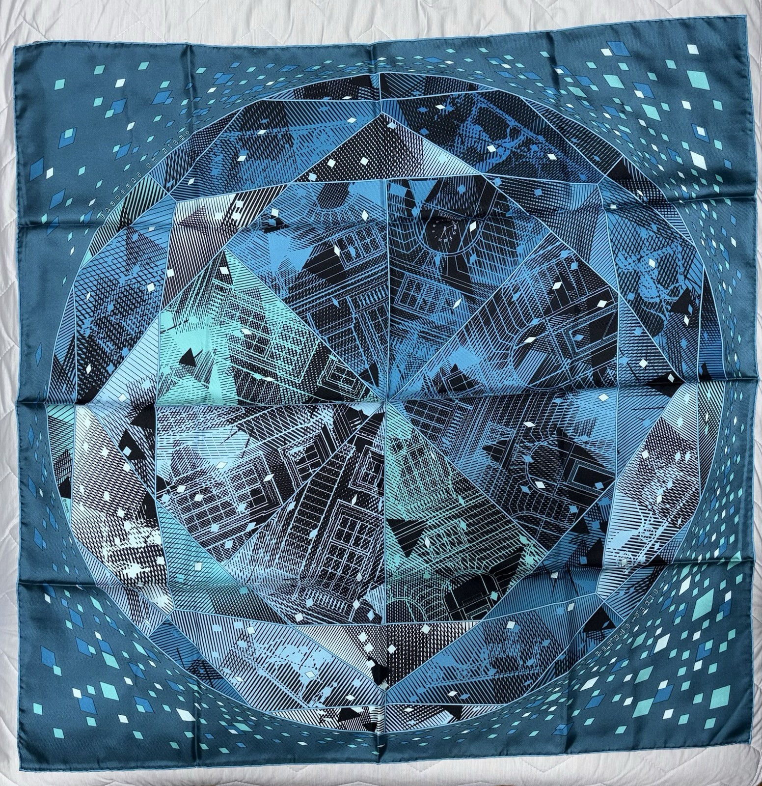 NWT HERMES Silk Scarf Carre 90 FAUBOURG BY NIGHT Bleu Canard Turquoise