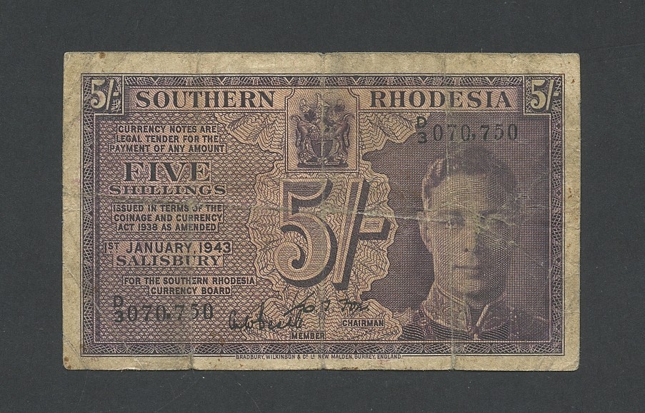 SOUTHERN RHODESIA 5 shillings note 1943 Krause 8 Banknotes