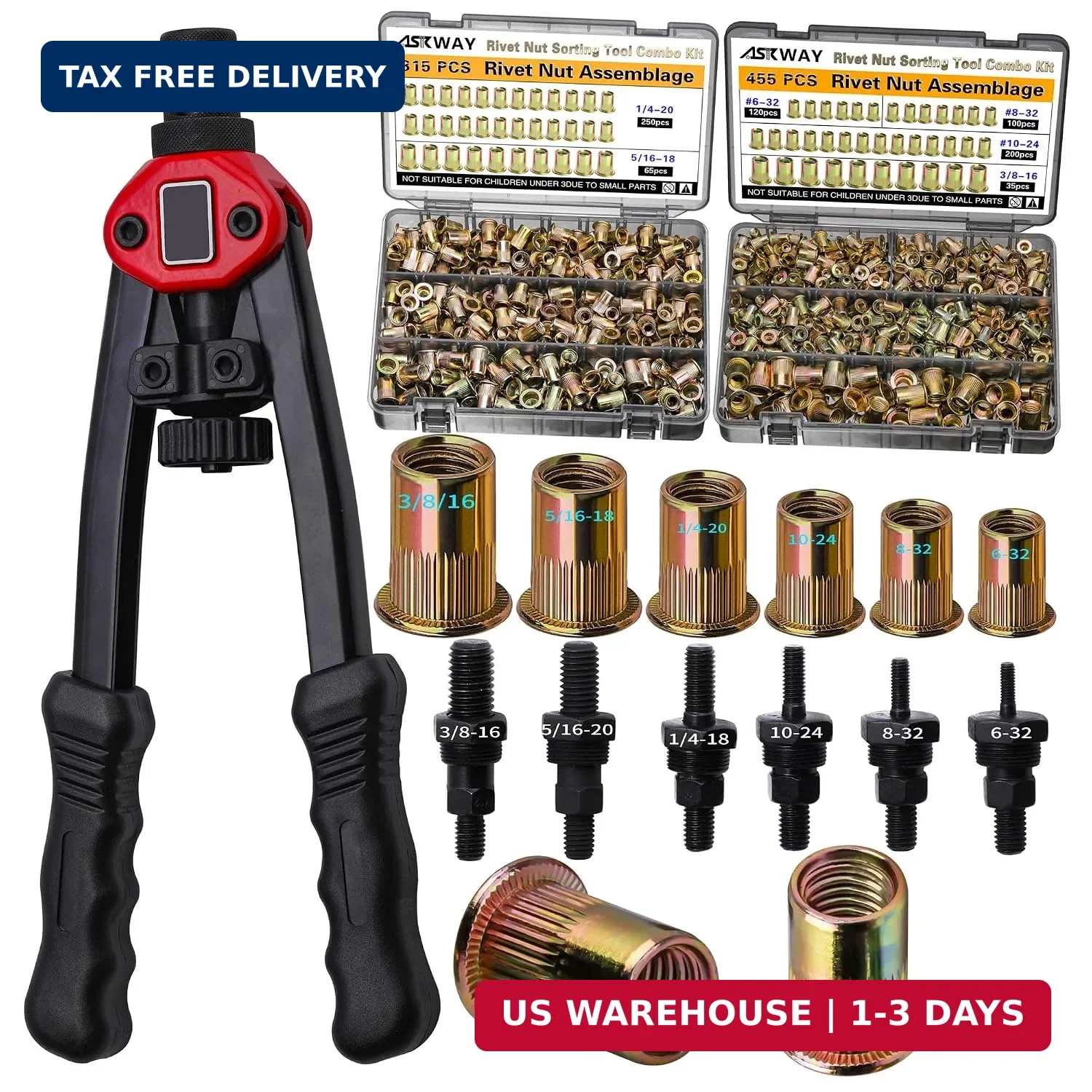 ASKWAY ASE Pressure Rivet Nut Tool Kit, 770pcs Imperial Rivet Nut