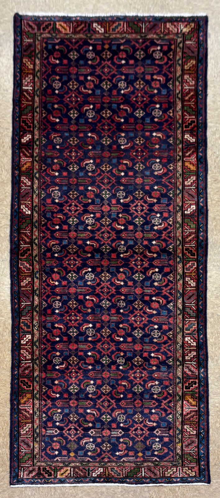 Vintage Hamedan Tribal Geometric Hand Knotted Wool Oriental 4x10 Runner Rug Boho