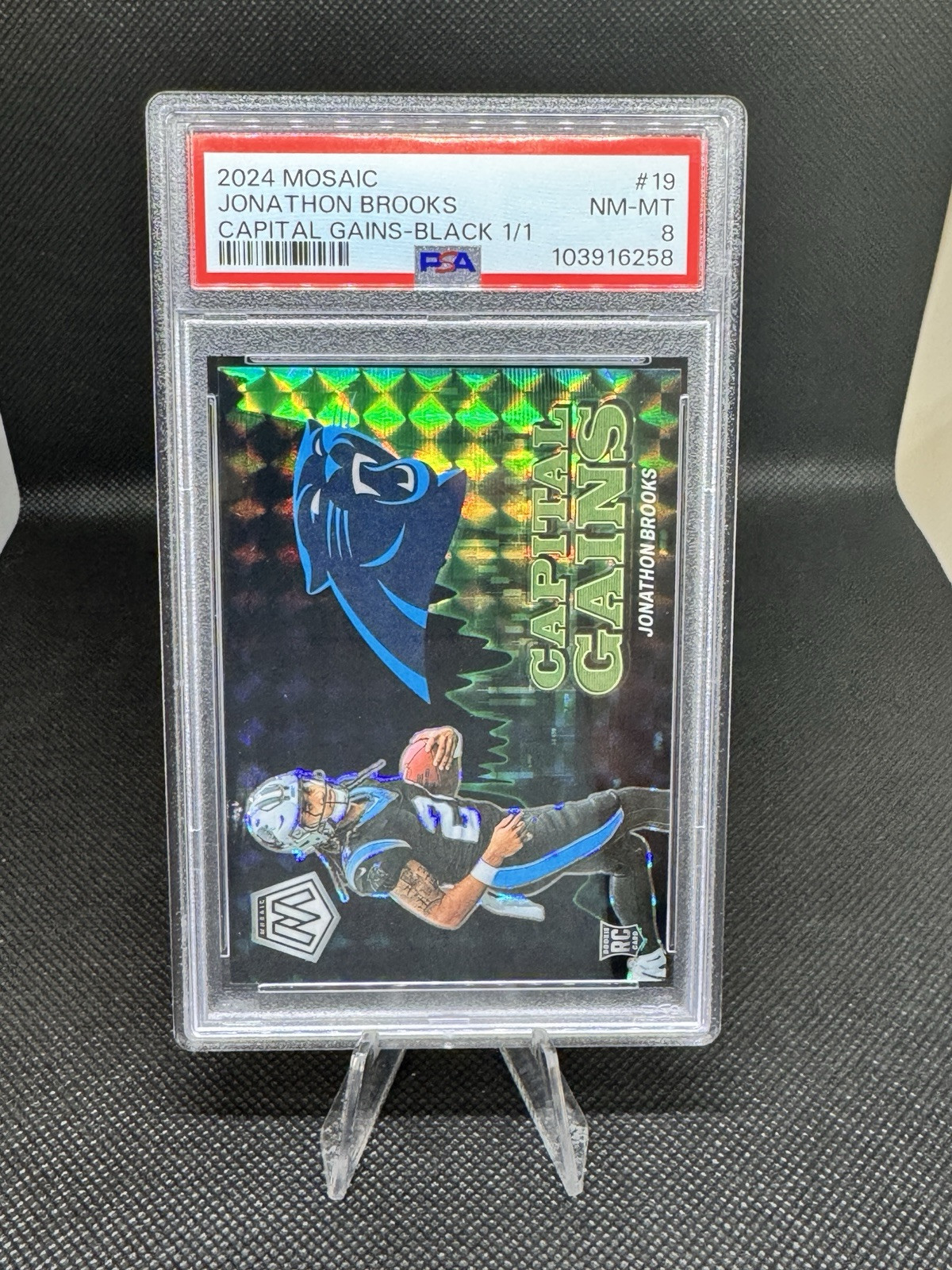 Jonathon Brooks 2024 Mosaic Capital Gains RC Black 1/1 Panthers PSA 8 Jonathon Brooks 2024 Mosaic Capital Gains RC Black 1/1 Panthers PSA 8