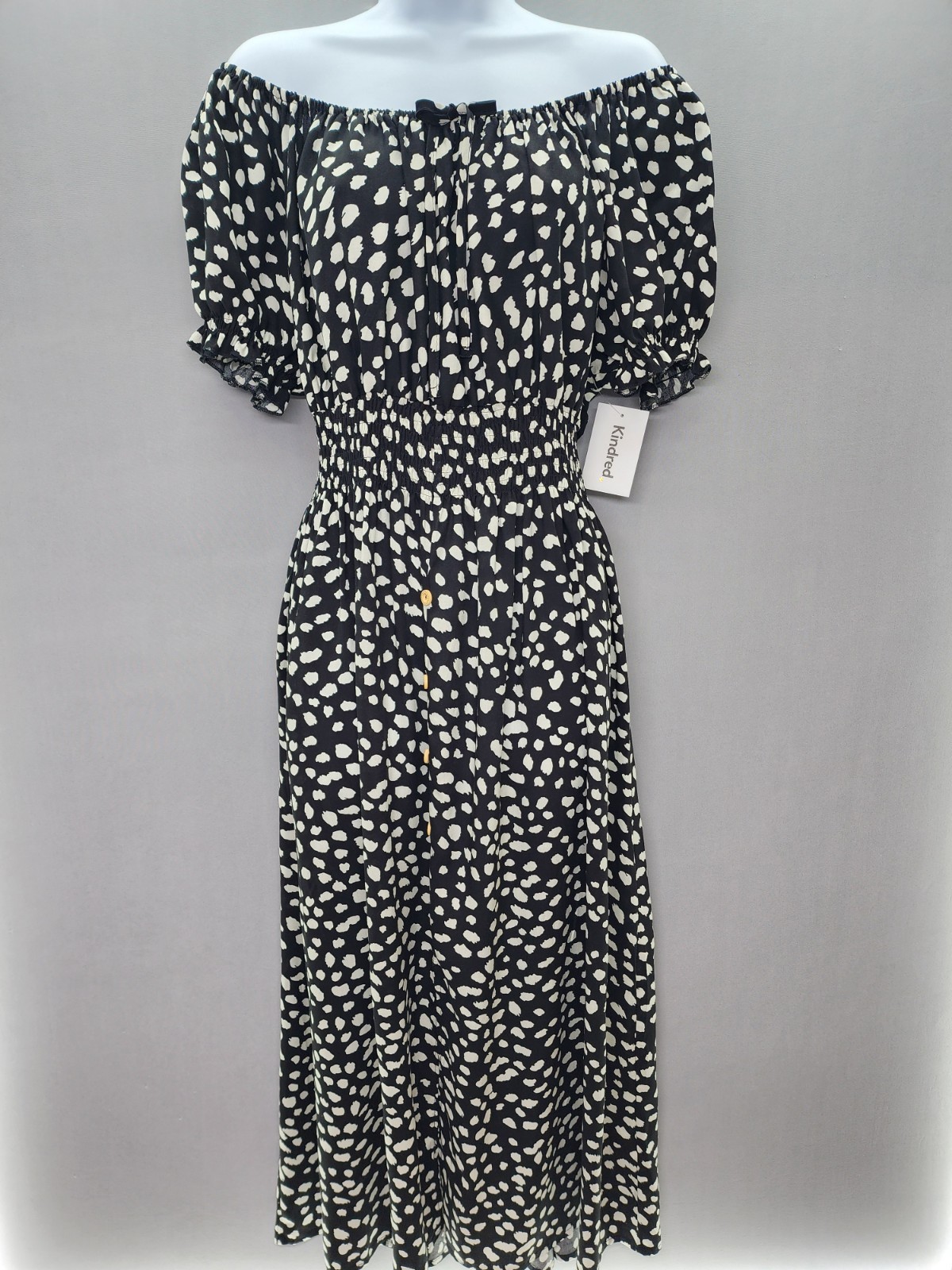 Anthropologie Kindred 2X Black Irregular Polka Dot Split Front Smocked Dress