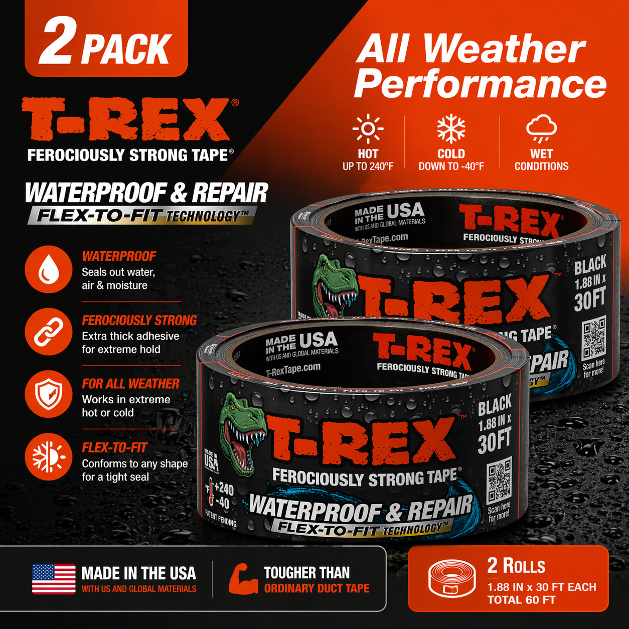 T-Rex Ferociously Strong Black Waterproof and Repair Tape 1.88 in x 10 yd 2PK T-Rex Ferociously Strong Black Waterproof and Repair Tape 1.88 in x 10 yd 2PK