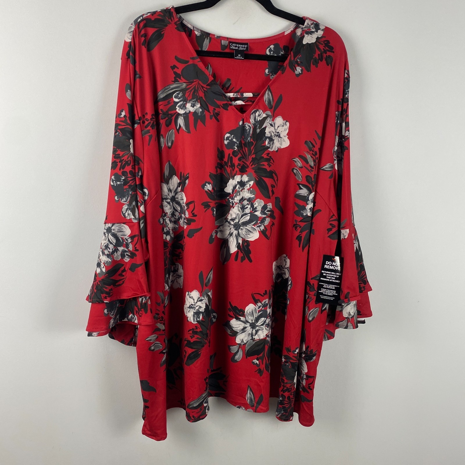 Catherines Dream Drape Bell Sleeve Top Size 4X Red Floral V Neck Stretch