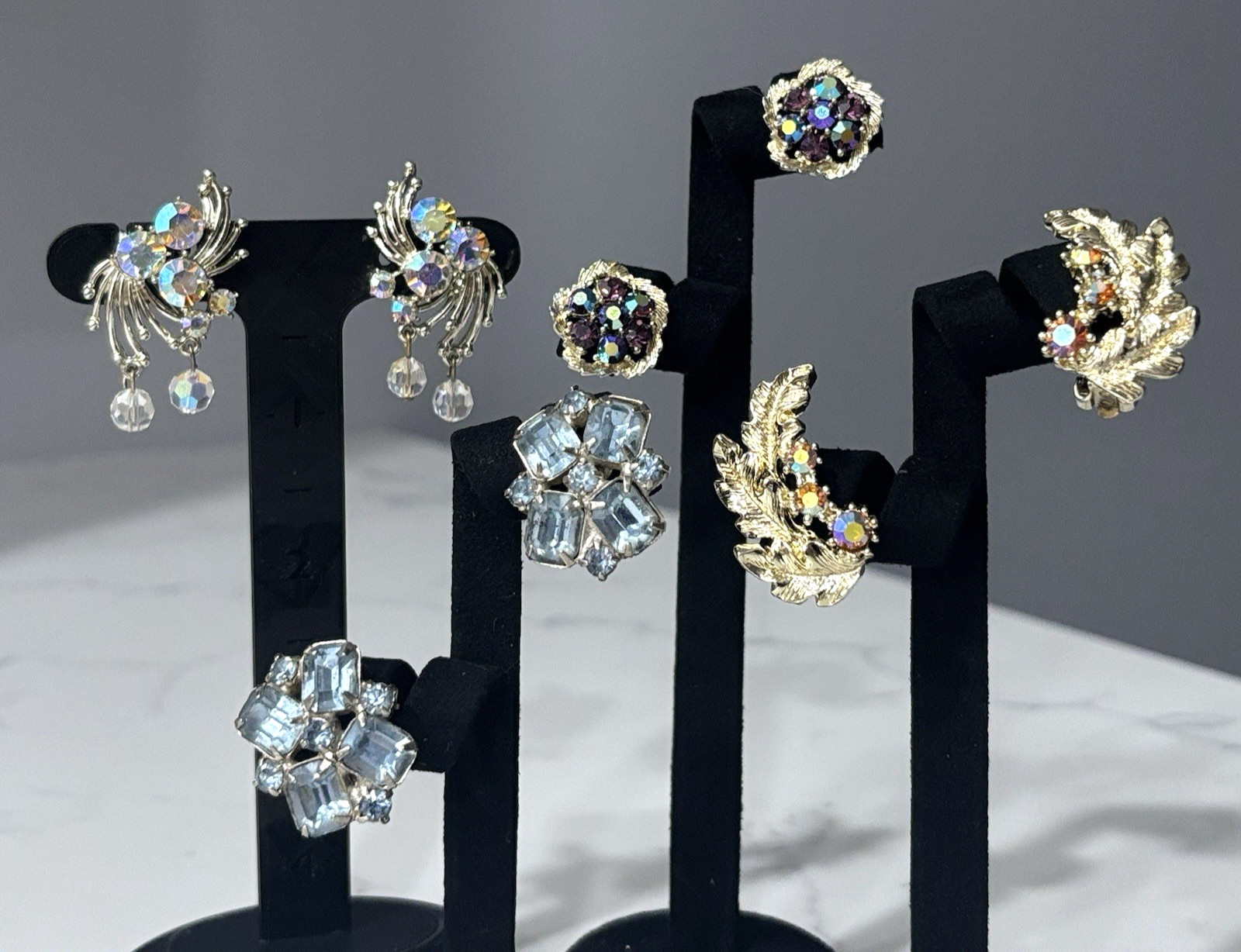Vintage Rhinestone Earrings Lot Blue Dangle AB Flower Clip On Screw Some Signed